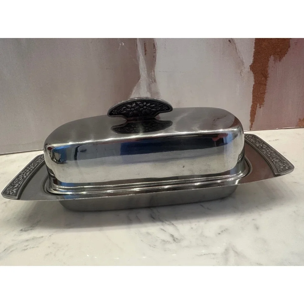 Vtg Stainless Steel Flower Emboss 70s MCM Japan‎ Butter Sugar Creamer Gravy Boat